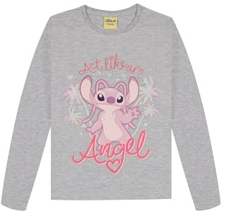 Disney Stitch Mädchen Langarmshirt mit Angel Motiv, 100% Baumwolle Longsleeve Shirt für Kinder, Grau mit Angel Print, Größen 122-128 bis 146-152, Geschenkidee für Mädchen