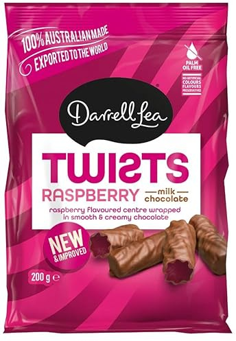 Darrell Lea Raspberry Twists, Milk Chocolate Coated, 3 x 200g, Australian Made