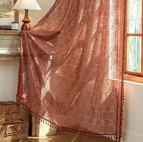 Burnt Orange Curtains 2 Panels 84 Inches Long Copper Lace Sheer Curtains with Tassel Bohemian Fall Terracotta Drapes for Living Room Bedroom Dining Room Rod Pocket Privacy 59 W x 84 L, Rust colored