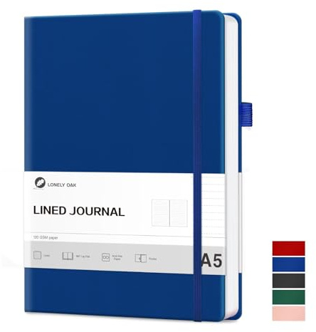 Lonely Oak Notizbuch A5 Liniert Hardcover Journal Tagebuch | 120g/m² Dickes Premium Säurefreies Papier, 160 Seiten Journal mit Gummiband & Innentasche, 14,5 x 21,3 cm(Blau)