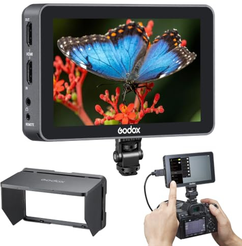 Godox GM6S Pro Kit2 5,5 Pouces 2000 Nits Écran inclinable Moniteur Photo 4K HDMI DSLR Kamera Field Monitor 1920 * 1080 IPS Contrôle Tactile Cache Anti-éblouissement Housse Caoutchouc & Câbles HDMI