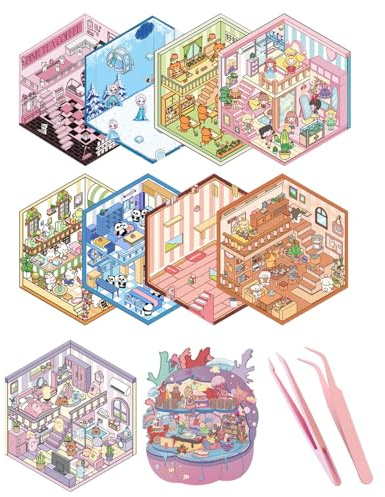 JUKOTA Set mit 10 Stück Szenenaufklebern, 3D House Stickers mit 2 Pinzetten, niedliche Cartoon-Szene Aufkleber für Miniaturhäuser, 3D-Aufkleber für Erwachsene und Kinder, Stressabbau