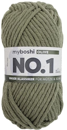 myboshi No.1 Wolle zum Häkeln und Stricken, Schnellstrickgarn, langlebige Mützenwolle, Strickwolle, Häkelwolle, mulesing-frei, 50g, Ll 55m Grün (Olive), 1 Knäuel