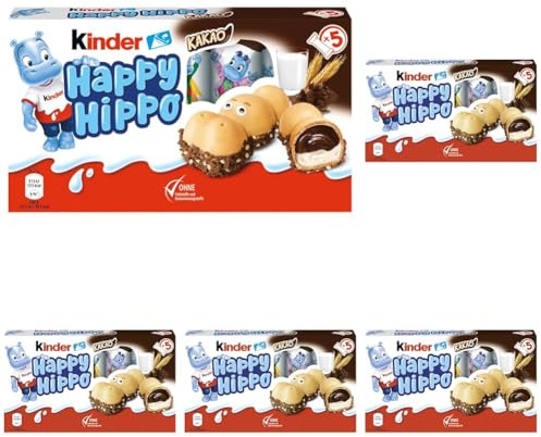 kinder Happy Hippo Kakao – Knusprige Waffelspezialität mit Milch- und Kakaocreme – 1 Packung mit je 5 Einzelriegeln à 20,7g (Packung mit 5)