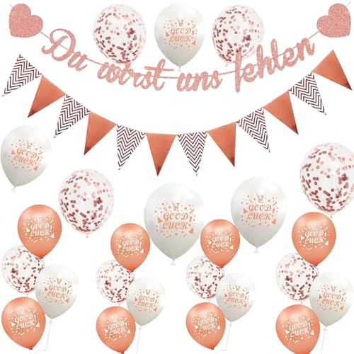 Du wirst uns fehlen Abschied Deko Set – 26 tlg. Ruhestand Deko mit Banner, Wimpelkette & Roségold Luftballons – Abschiedsparty Dekoration für Kollegin, Kollegen & Jobwechsel