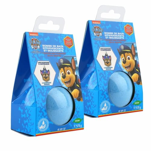 Home-Flair Paw Patrol Badebombe - große Badekugel Chase - Blau Skye -Rosa 170g Schaum-Effekt - VEGAN - mit Überraschungsanhänger (Chase, 2 Kugeln)