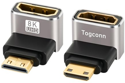 Lot de 2 adaptateurs mini HDMI vers HDMI coudés 8K (90 et 270) degrés Mini HDMI mâle vers HDMI femelle - Adaptateur coudé - Prise en charge 8K @ 60 Hz, 4K @ 120 Hz pour ordinateur portable, TV
