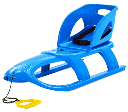 Mangloder Blaues Kinder-Schlitten mit Lehne 102,5x40x23 cm aus wetterbeständigem Polypropylen, Stahlkufen, Zugseil, Komfortsitz, geeignet für Schnee und Winterfreizeit, max. 50 kg Belastung