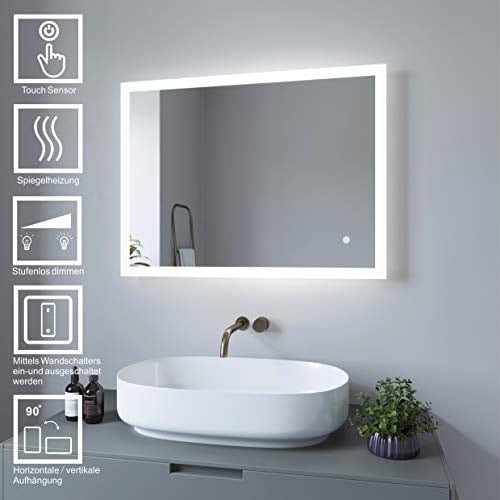 AQUABATOS® Badspiegel LED Beleuchtung Wandspiegel Dimmbar Badezimmerspiegel mit Touchschalter (60 x 80 cm, kaltweißen)