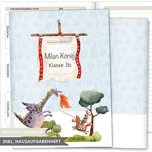 OLGS Hausaufgabenheft Hülle Ritter & Drachen inkl. Heft Schulheft Schutzhülle Umschlag Geschenkidee Einschulung personalisierbar mit Namen und die Schulklasse (personalisiert, Drachenkampf)