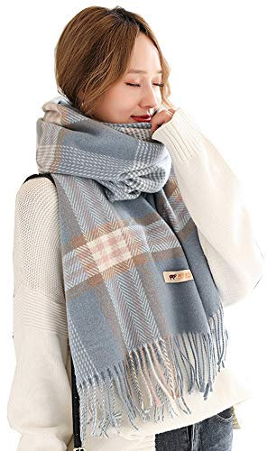 MIAOHAIYAN Damen Kaschmir Kariert Schal - Übergroßer Weicher Warmer Winterschal Umschlagtuch Poncho Mit Quasten, Blau