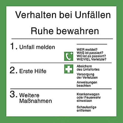 Verhalten bei Unfällen Schild Aushang ISO 7010 ASR Kunststoffplatte von MBS-FIRE®