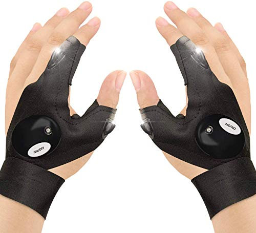 Number-one Outdoor Fishing Gloves, 2 LED Flashlight Gloves Fingerless Night Lighting Gloves, Magic Strap Thumb Index Finger Bicycle Glove for Hiking Camping Emergency Survival - 1 Pair