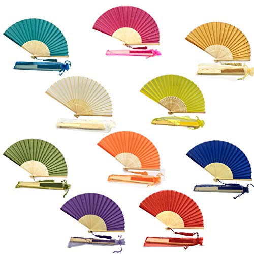FANSOF.FANS Pack of 10 Silk Fabric Fan with a Tassel Grade A Bamboo Ribs Wedding Party Favour Handheld Fan (Mix Colors)
