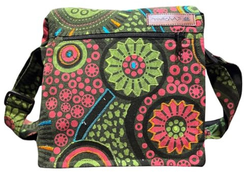 Damen Baumwolle Umhängetasche Indische Ethno Stil Boho Maliprint Tasche Baumwolle satche l mit Klappe Bohemian Hippie (Grün 01)