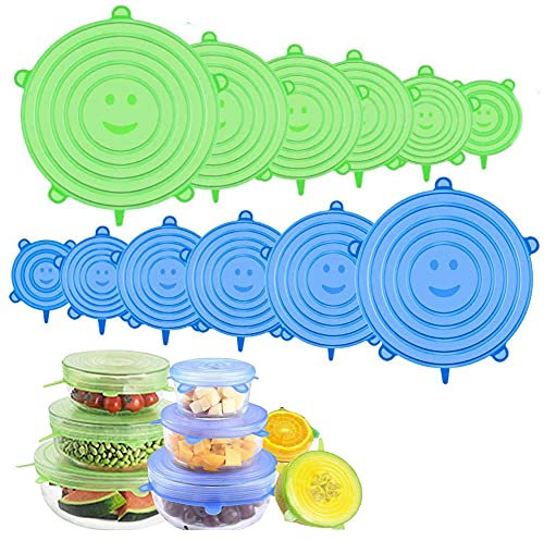 OUOQI Silikon Stretch Deckel,12 Stück Silikondeckel,Dehnbare Silikondeckel in Verschiedenen Größen,BPA Free Wiederverwendbar Silikon Abdeckung,für SchüSseln, TöPfe, GläSer, Dosen, Becher
