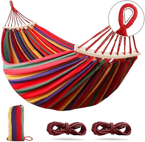 Outerman 275 x 155 cm Camping Hängematte, verdicktes strapazierfähiges Segeltuchgewebe mit 250 kg Tragkraft, zwei Anti-Roll-Balken und stabile Metallknoten Baumgurte für Reisen, Strand, Hinterhof usw.