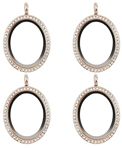 WANDIC Strass-Foto-Anhänger, 4 Stück, oval, rotgoldfarben, Kristall, Foto-Anhänger, Brautschmuck, Hochzeitsstrauß, Charms, schwimmend, Medaillon für 2 Bilder