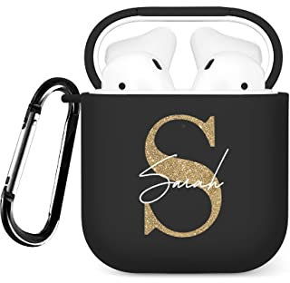 Tirita Personalised Custom Case Compatible with Apple AirPods 3rd generation, Support Wireless Charging, with Carabiner, Soft Shell [07- Golden Monogram on Black]