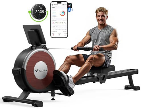 Rowing Machine, MERACH Bluetooth Magnetic Rower Machine with Dual Slide Rail, 16 Levels of Electromagnetic Resistance, Max 350lb Weight Capacity, App Compatible, Rowing Machines for Home Use
