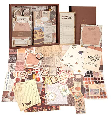 Kit de Papel Scrapbooking Vintage, 345 Juego de Accesorios para Scrapbook, Estético de Bullet Journal Material con Cuadernos de Cuadrícula A6 Decoración de Bricolaje para Diario Calendario