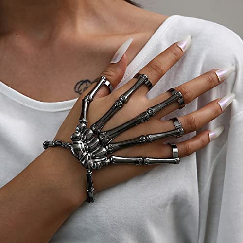 Prosy Punk Skull Bone Vielseitiges Fünf-Finger-Ring-Armband, verstellbare einteilige Kette für Frauen und Mädchen (Schwarz)