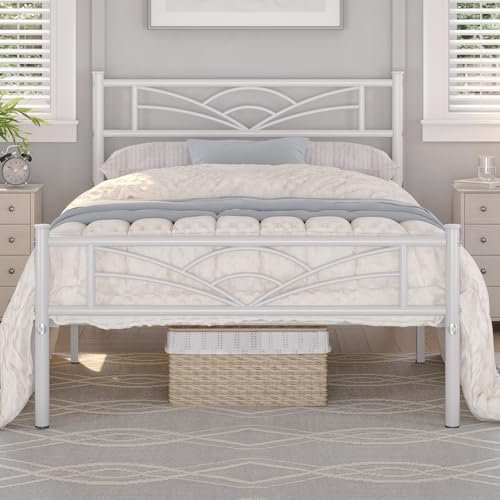 Yaheetech 3ft Single Bed Frame Slatted Metal Bed with Cloud-inspired Design Headboard, Ample Under-bed Storage White