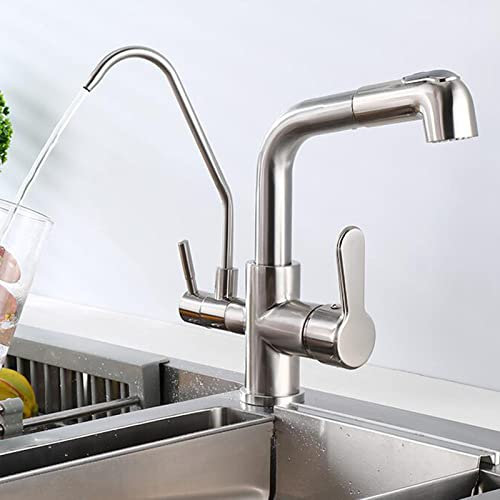 3 Wege Wasserhahn Küche Ausziehbar mit Brause, Küchenarmatur Drehbar Wasser Kalt und Heiß Multifunktional Messing Spültischarmatur 3 Wege-Gebürstet