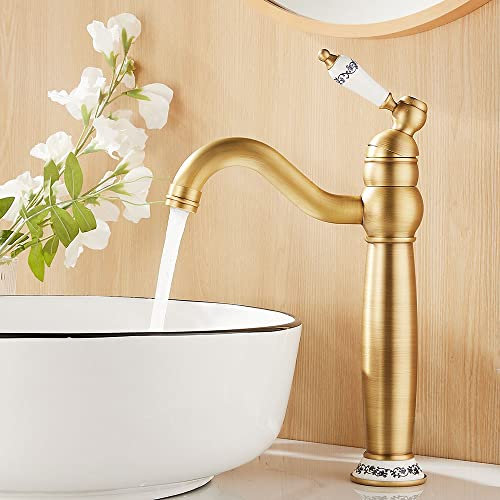 Maynosi Robinet Lavabo à Grande Hauteur, Robinet Rétro Haut avec Poignée en Céramique, Robinet Salle Bain pivoter à 360 °, Robinets Mitigeur avec Tuyaux Flexibles, Laiton Antique
