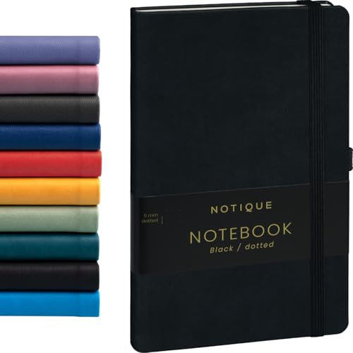 NOTIQUE Notizbuch Dotted, Hardcover Notizbuch, Notizheft, Journal, Tagebuch mit Gummiband und Stifthalter 13x21cm, 192 Seiten (Schwarz, Gepunktet)