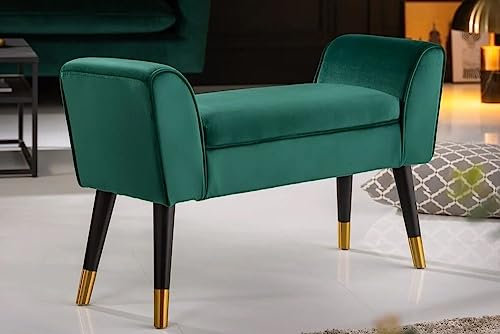 LEBENSwohnART Elegante Sitzbank Carolin 90cm grün Samt Bank Holzfüsse Metallapplikationen