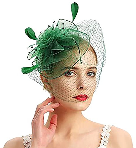 Damen Fascinator Hut Hochzeit Kopfschmuck Hüte Hair Hat Clip Schleier Stirnband Tea Party Kopfbedeckung Frauen Pillbox Hut für Party Kirche Cocktail Club Grün