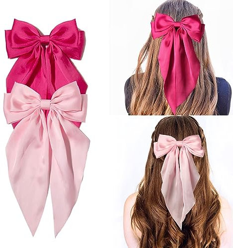 Kinretixia® 2 Stück Haarschleifen-Clips für Frauen, große Satin-Haarschleifen, langer Schwanz, Krokodilklemmen, große Haarschleife, Mädchen-Haar-Accessoires