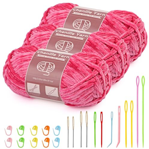 3 x 100 g (3 x 80 m) Chenille Garn, Samt Garn zum Stricken und Häkeln mit Nadeln mit großem Öhr, weiches Chenille für Kleidung, Decken, Taschen, Pullover, DIY-Strickprojekte (Rosenrot)