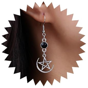Aneneiceera Boho Stern Mond Ohrringe Silber Lang Pentagramm Mond Ohrringe Rund Onyx Ohrringe Fünf Spitzen Stern Ohrringe Wicca Pentagramm Ohrringe Schmuck Für Frauen Und Mädchen (Stil A)
