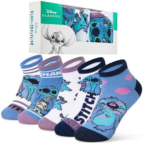 Disney Socken Damen, Ankle Socks im 5er-Pack, Weich & Atmungsaktiv - Geschenke für Frauen (Mehrfarbig Stitch)