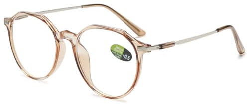 VEVESMUNDO Blaulichtfilter Lesebrillen Metall Groß Rund Nerdbrille Anti Blaulicht Brillen Damen Herren +0.5,+1.0,+1.5,+2.0,+2.5,+3.0,+3.5,+4.0 (1 Stück Transparent Braun, 1.5)