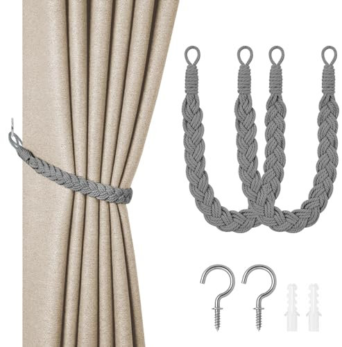 HOTUT Natural Cotton Rope Curtain Tiebacks, 2 Pack Hand Knitting Curtains Tied Rope, Elegant Boho Style Decorative Drape Tie Soft Rope Curtain Holdbacks with Metal Hook for Home & Office, Grey