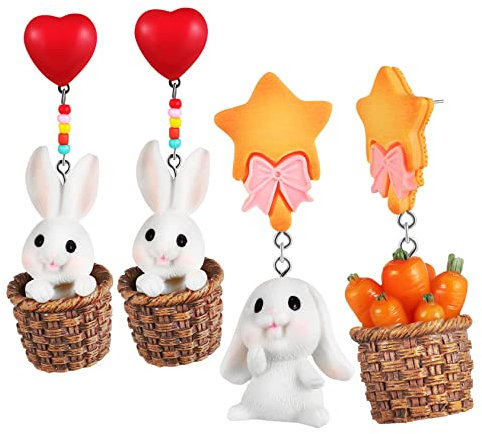 PACKOVE Osterohrringe Satz Damen Mädchen Cartoon Kaninchen Karotten Anhänger 2 Paar 925er Silber Ohrhänger für Alltag und Feste