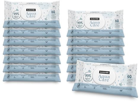 Suavinex, Lingettes Bébé Aqua Care, Lot de 14 x 60 (840 Unités), Lingettes 99% Eau, Fibres Origine Végétale, Hydratent, Sans Parfum ni Alcool, Testées Dermatologiquement, Convient Peaux Sensibles