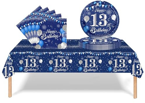 37Pcs 13th Birthday Tableware Set Navy Blue,13th Birthday Decorations with Party Paper Plates and Napkins,Plastic Table Cloth for Her His Girl Boy Happybirthday Table Decoration Dinnerware Supplies