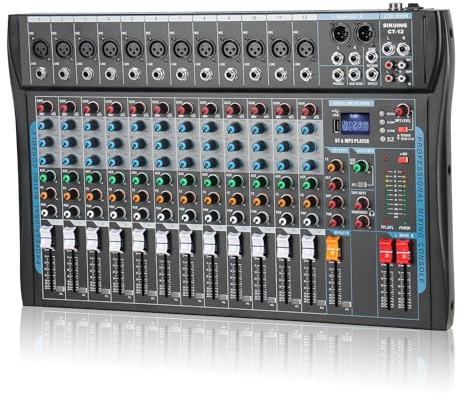 SIKUING 12 Channel Audio Interface, DJ Mixer, 16-bit DSP Effect, USB Audio Mixer+48V Phantom Power, Bluetooth Mixer for Karaoke Streaming Recording,