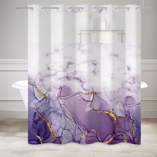 Ttincceer sin Ganchos Cortina de Ducha de mármol púrpura Cortina de Ducha sin Gancho con Snap in Liner Set Resistente al Agua Doble Capa Transparente Ventana Superior Baño Decoración 180x188cm