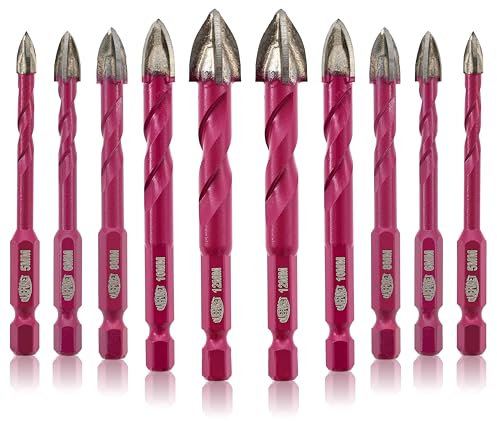 QUEFORET Masonry Drill Bits Set 10pcs - 5/5/6/6/8/8/10/10/12/12mm Carbide Drill Bits for Wood Plastic Masonry Concrete, Wet Drilling Ceramic Tile Marble, Quick Change Hex Shank