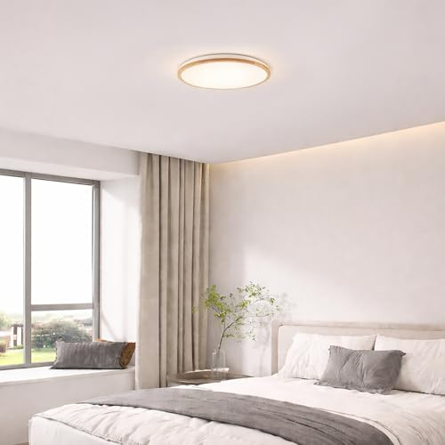 Lightbox LED Deckenlampe | Ø 52 cm | Deckenleuchte mit Holz Rahmen & | LED Deckenlampe | Ø 52 cm | Deckenleuchte mit Holz Rahmen & Nachtlicht &