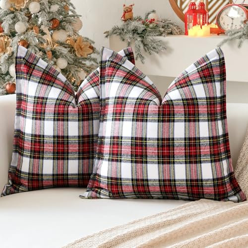 Sungeek 2er Set Weihnachten Schottisches Karo Kissenbezüge, Plaid Tartan Dekorativ Zierkissenbezüge Kissenbezug Dekokissen Deko Bezug Kissenhülle für Sofa Schlafzimmer Wohnzimmer 50x50cm (Weiß)