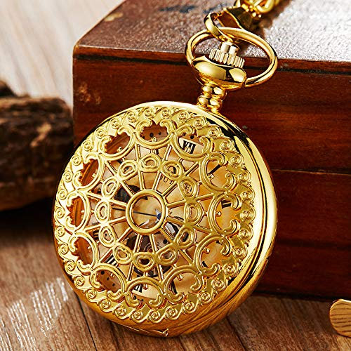 YIHANSS Luxuriöse, goldene, Hohle, mechanische Taschenuhr mit Kette, Skelett, Steampunk, Vintage, Handaufzug, römische Taschenuhr für Herren und Damen