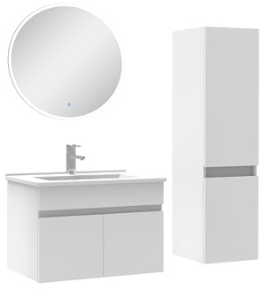 AICA Ensemble Salle de Bain Simple Vasque avec Colonne et Miroir Rond 60cm Meuble Blanc
