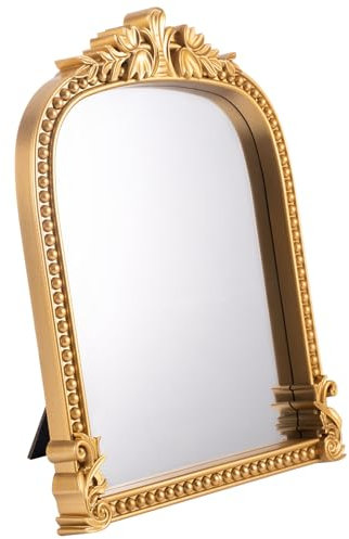 Threehoney Vintage Schminkspiegel, kleiner goldener Bogen, antiker dekorativer Spiegel mit Ständer, kunstvoller traditioneller schicker Barock für Wohnzimmer, Schlafzimmer, Kommode, Tischdekoration,