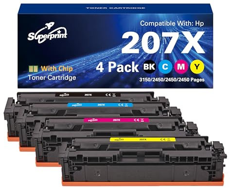 Superprint 207X Tonerkartusche Multipack (Mit Chip) Ersatz für HP Color Laserjet Pro M255dw MFP M282nw M283cdw M283fdw W2210X W2211X W2213X W2212X 207A Toner (Groß, 4er-Pack)